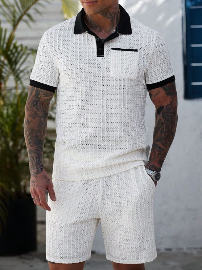 Men's Hollow Color Matching Short Sleeved Shorts Casual Sports Suit_viptrois.com