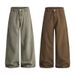 Deconstructed Vintage Washed Cotton Pants – Relaxed Straight-Leg Drop-Crotch Trousers With Pleated Details (Brown/Olive Green, Unisex Y2K Streetwear)_viptrois.com