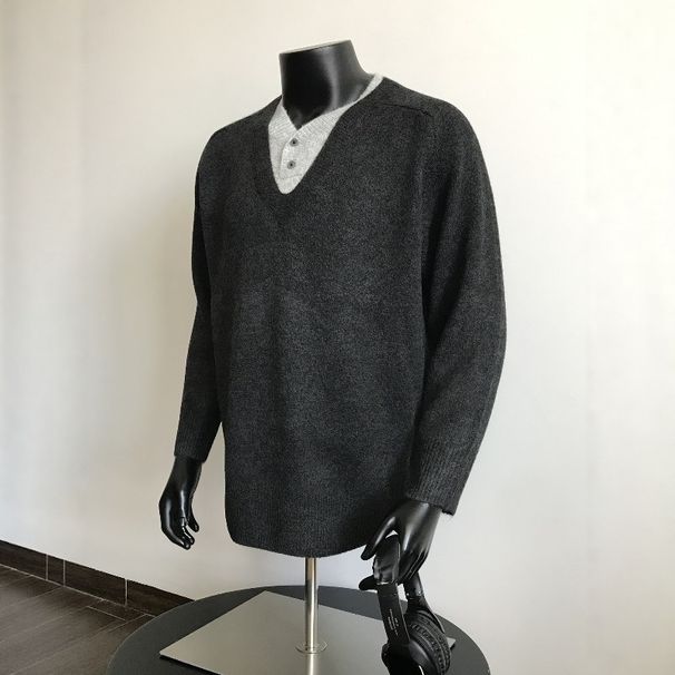 Pure Autumn Korean Version Two-Piece Spliced V-Neck Knitted Men's Lazy Style Fashion Top Solid Color Versatile Pullover_viptrois.com