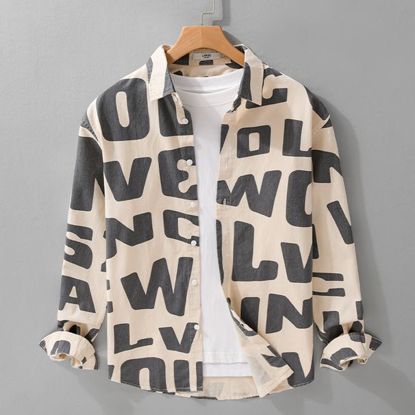 Spring And Autumn Men's Casual Cotton Shirt Fashion Letter Printed Youth Versatile Artistic Men's Shirt_viptrois.com