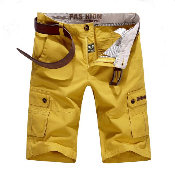 Cotton Casual Shorts For Men's Summer Trend, Solid Color Washed Workwear Pants, Multi Pocket Five Quarter Pants_viptrois.com