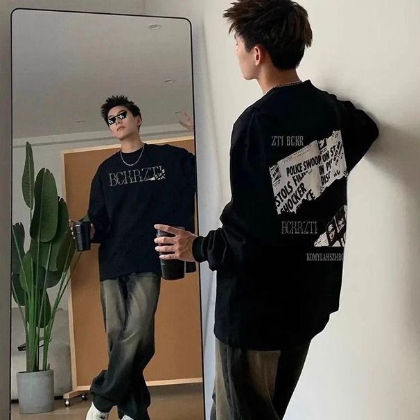 Black Shoulder Long Sleeved T-Shirt For Men In Spring Autumn Vintage American Print Hoodie With Round Neck And Bottom_viptrois.com