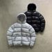 Men's Winter Puffer Jacket With Geometric Print, Thickened Hooded Short Coat, 80% White Duck Down Filling, Lightweight Polyester Shell (Black, Grey)_viptrois.com