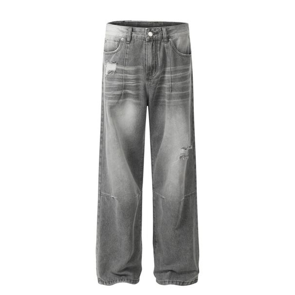 Washed Gradient Denim Straight-Leg Men's Street Fashion Punk Distressed Loose Casual Wide-Leg Dad Pants_viptrois.com