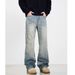 Trendy Flared American Retro Distressed Slim Fit Couple Jeans For Teenagers, Straight Leg, Washed, Button, Slightly Elastic_viptrois.com