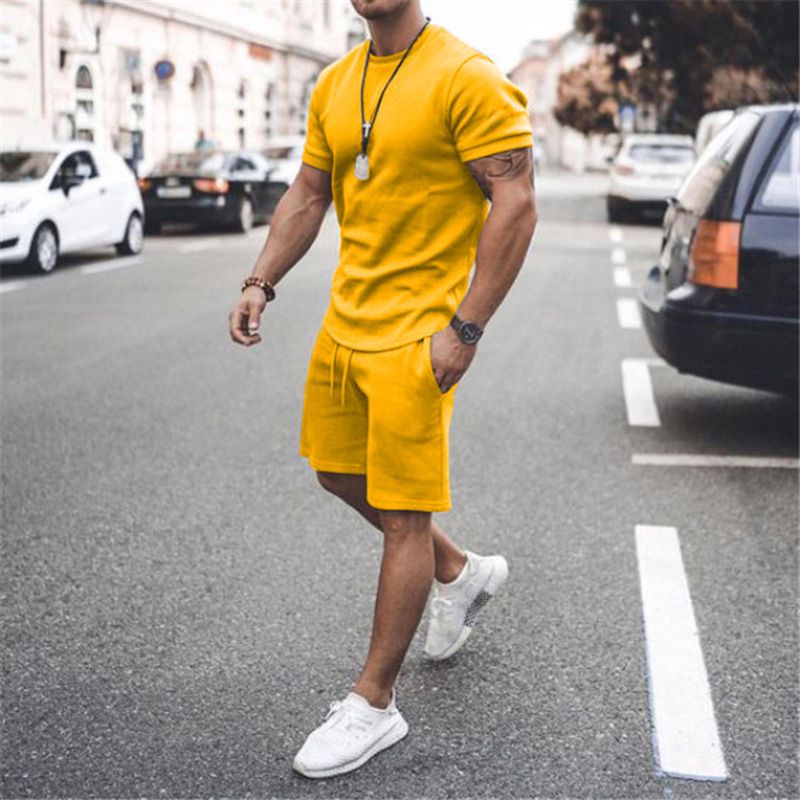 Men's Clothing Summer Men's Solid Color Short Sleeved Suit Shorts Two Piece Suit Casual Men's Sports Large Size Suit_viptrois.com
