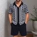 Men's Jacquard Sweater Short Sleeved Cuban Collar Knitted Shorts Suit_viptrois.com