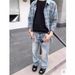 Men's Clothing Ice Blue Faded Lightning Pattern Vintage Washed Jeans Cleanfit Distressed Flared_viptrois.com