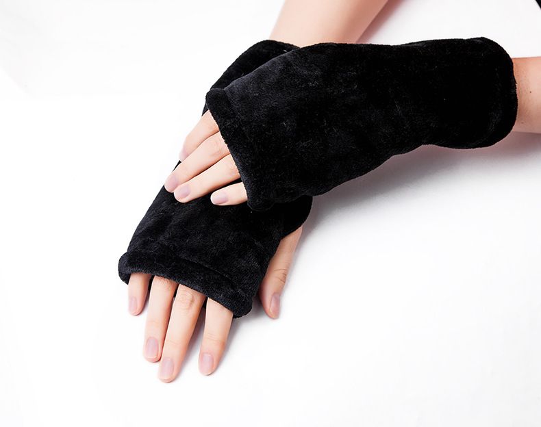 Unisex Thickened flannel half-finger gloves leopard print solid black gloves for men and women_viptrois.com