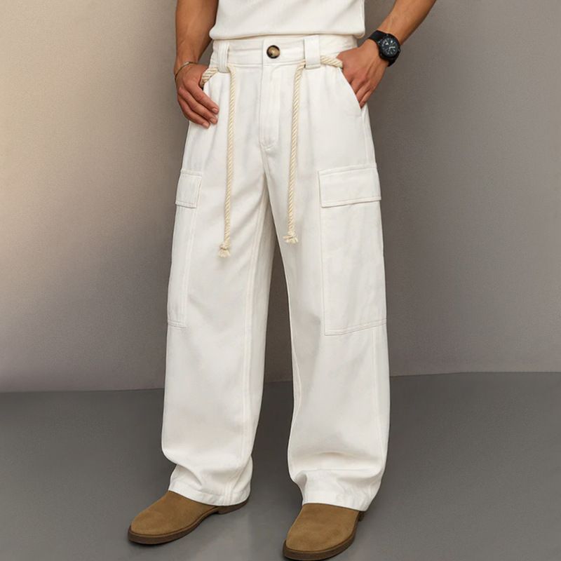 Men's Fashion Street Solid Color Drawstring Multi Pocket Pure Cotton Straight Leg Daily Versatile Overalls_viptrois.com