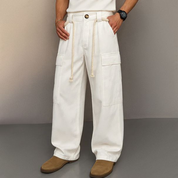Men's Fashion Street Solid Color Drawstring Multi Pocket Pure Cotton Straight Leg Daily Versatile Overalls_viptrois.com