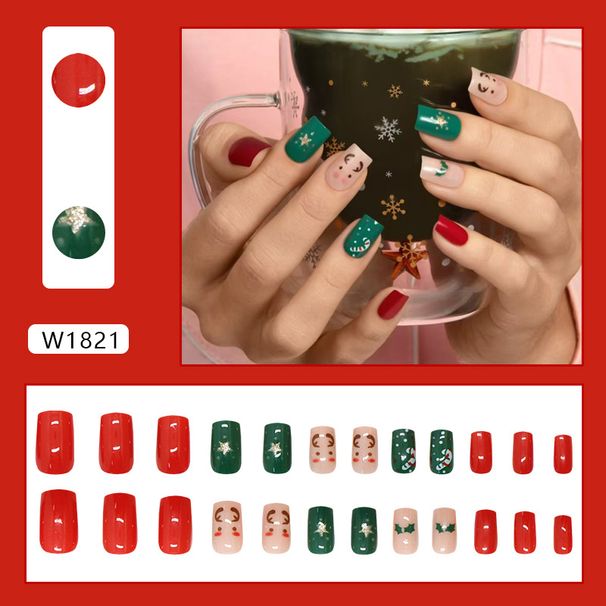 Christmas Mid-length European Square Elk Stars Snowflake European And American Ins Style Removable Nail Pieces 24 Pieces_viptrois.com