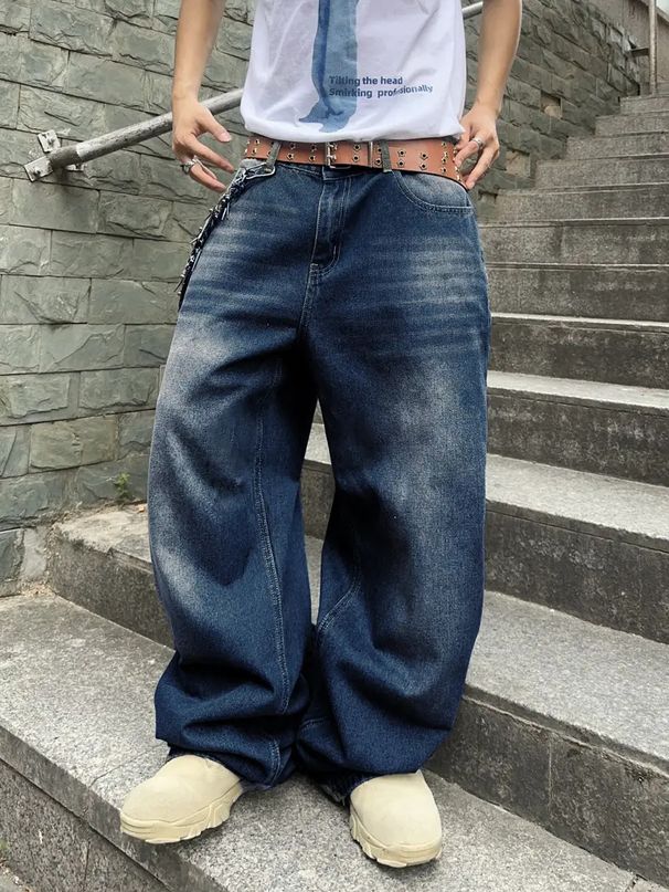 Men's Retro Washed Straight Leg Jeans Loose Fit Solid Color Casual Distressed Long Pants Hot Selling_viptrois.com