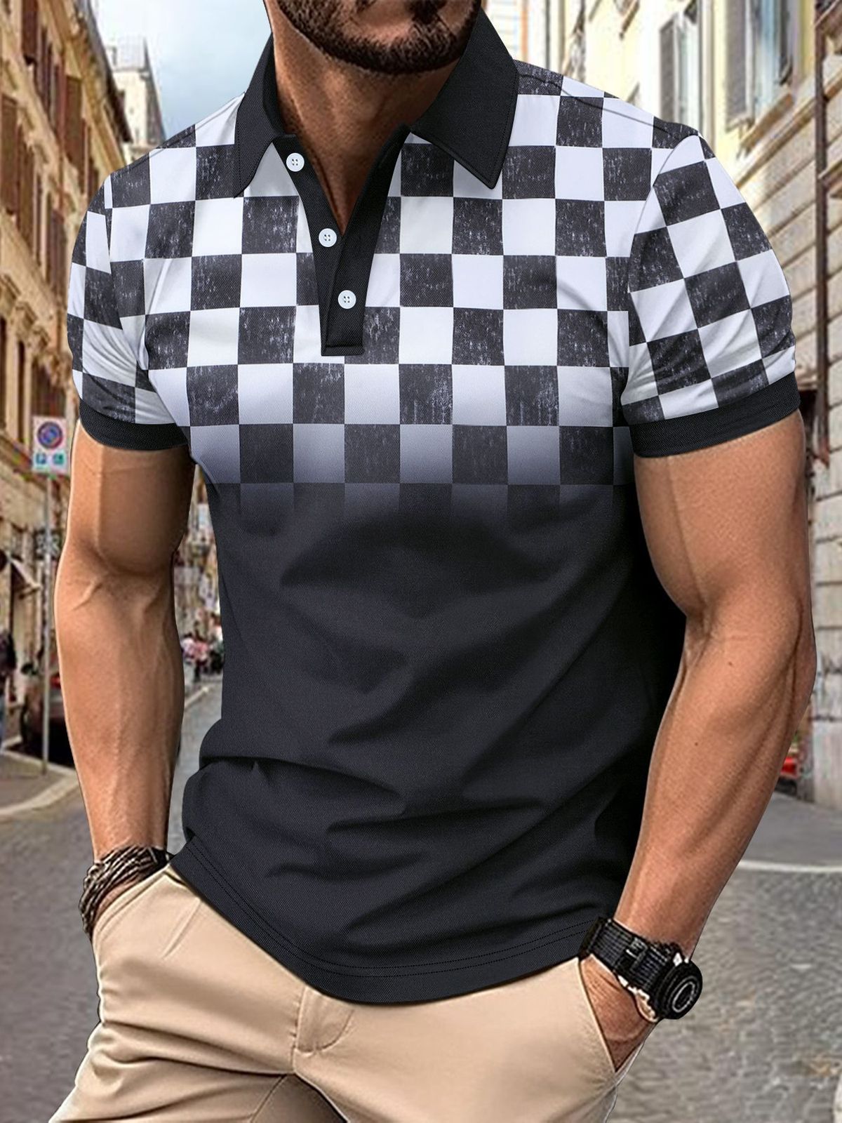 Men's Casual V-Neck Polo Shirt With Chest Pocket - Plaid Stitching Detail | Breathable All-Purpose T-Shirt For Daily Wear_viptrois.com