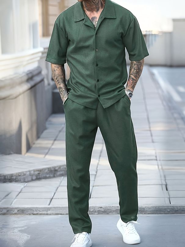 Men's Cuban Collar Short Sleeve Shirt And Shorts Set, Breathable Stretch Summer Casual Outfit, Relaxed Fit Resort Style For Vacation And Daily Wear_viptrois.com