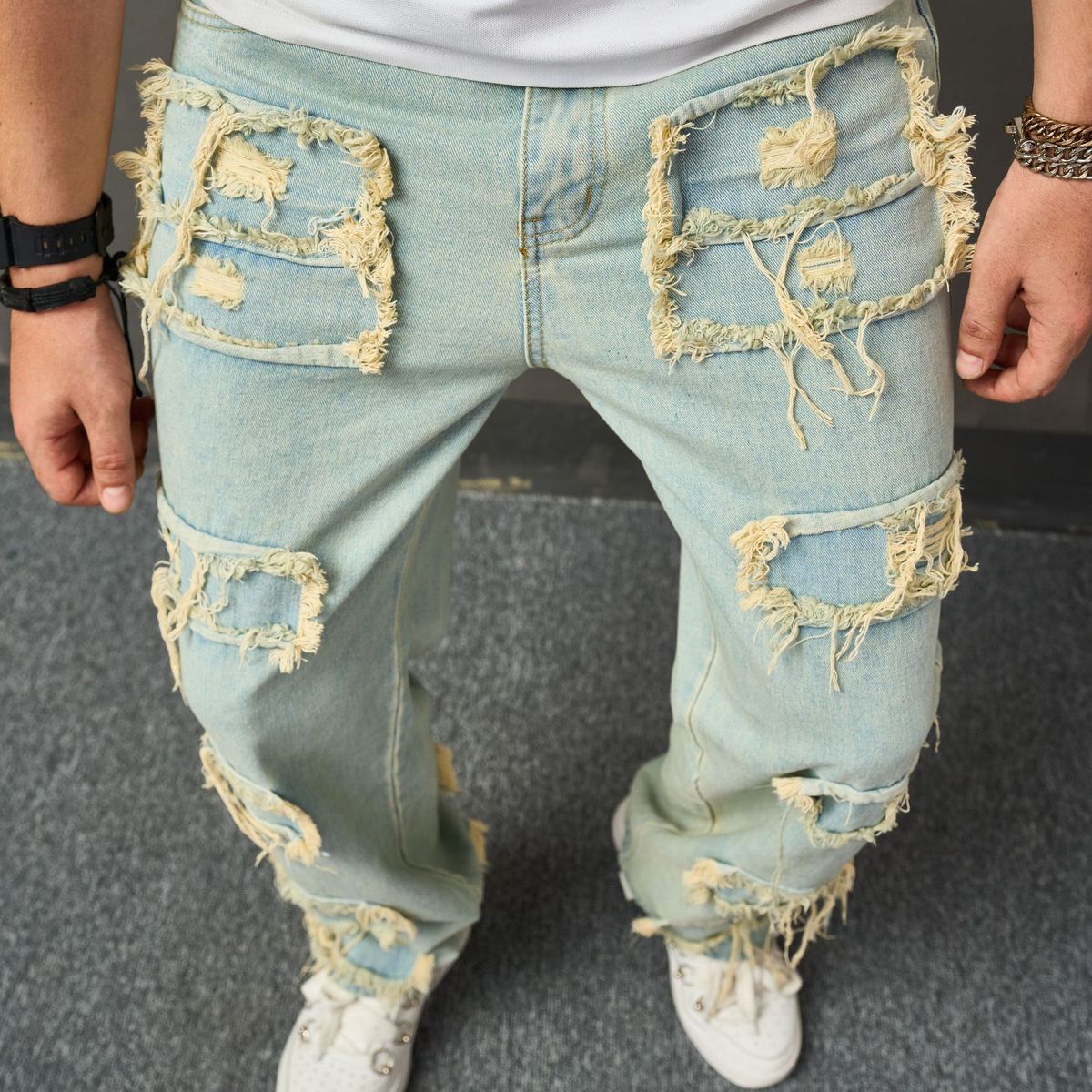Perforated Seam Fabric, Bio Inspired Denim, Loose And Flowing Beard, Fashionable Wide Leg Casual Men's Pants_viptrois.com
