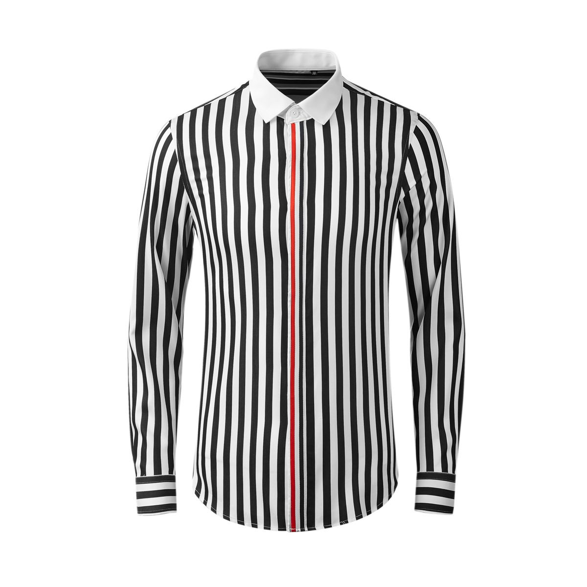 Men’s Contrast Stripe Long-Sleeve Shirt – Slim Fit, Breathable Cotton-Blend, Trendy Casual & Business Wear (Black/Blue Stripe)_viptrois.com