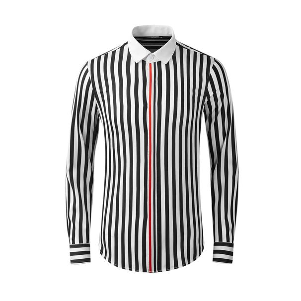 Men’s Contrast Stripe Long-Sleeve Shirt – Slim Fit, Breathable Cotton-Blend, Trendy Casual & Business Wear (Black/Blue Stripe)_viptrois.com