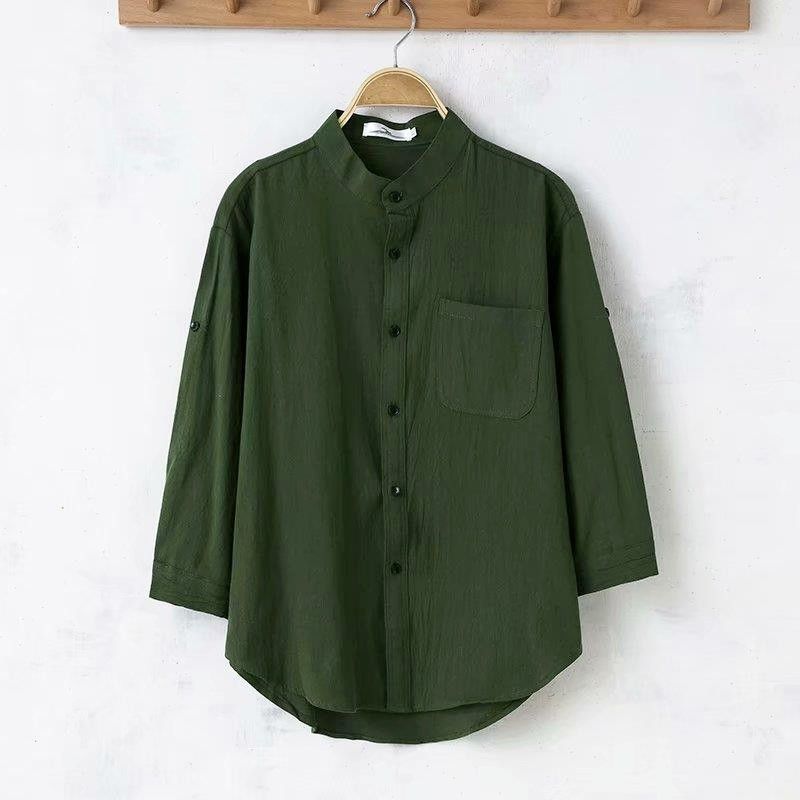 Men's Clothing Breathable Summer Three Quarter Sleeve Linen Shirt Casual Mid Sleeve Linen White Shirt Loose Large Size Thin Top_viptrois.com