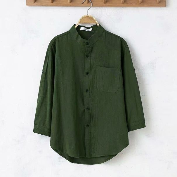 Men's Clothing Breathable Summer Three Quarter Sleeve Linen Shirt Casual Mid Sleeve Linen White Shirt Loose Large Size Thin Top_viptrois.com