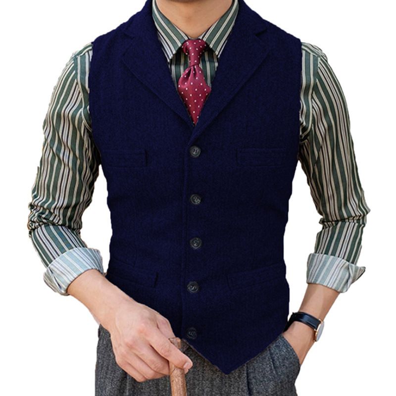 Men's Slim Fit Single-Breasted Waistcoat - Herringbone Pattern Business Vest For Groom & Office Wear, Breathable Polyblend Fabric_viptrois.com