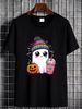 Spooky Cute Ghost Drinking Pumpkin Iced Coffee Halloween Bow T-Shirt Slightly Unisex Stylish T-Shirt For Women Casual Female Women Versatile Casual Designer Clothes Fashion Women Top Graphic Tees Breathable Soft Stretched Summer Graphic Streetwear_viptrois.com