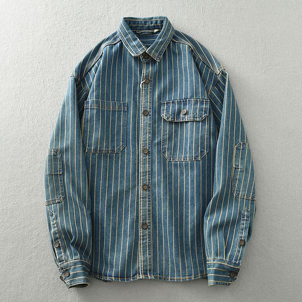 Camisa Vaquera De Rayas Verticales Lavada Vintage Pesada, Chaqueta De Manga Larga De Algodón De Talla Grande Para Hombre_viptrois.com