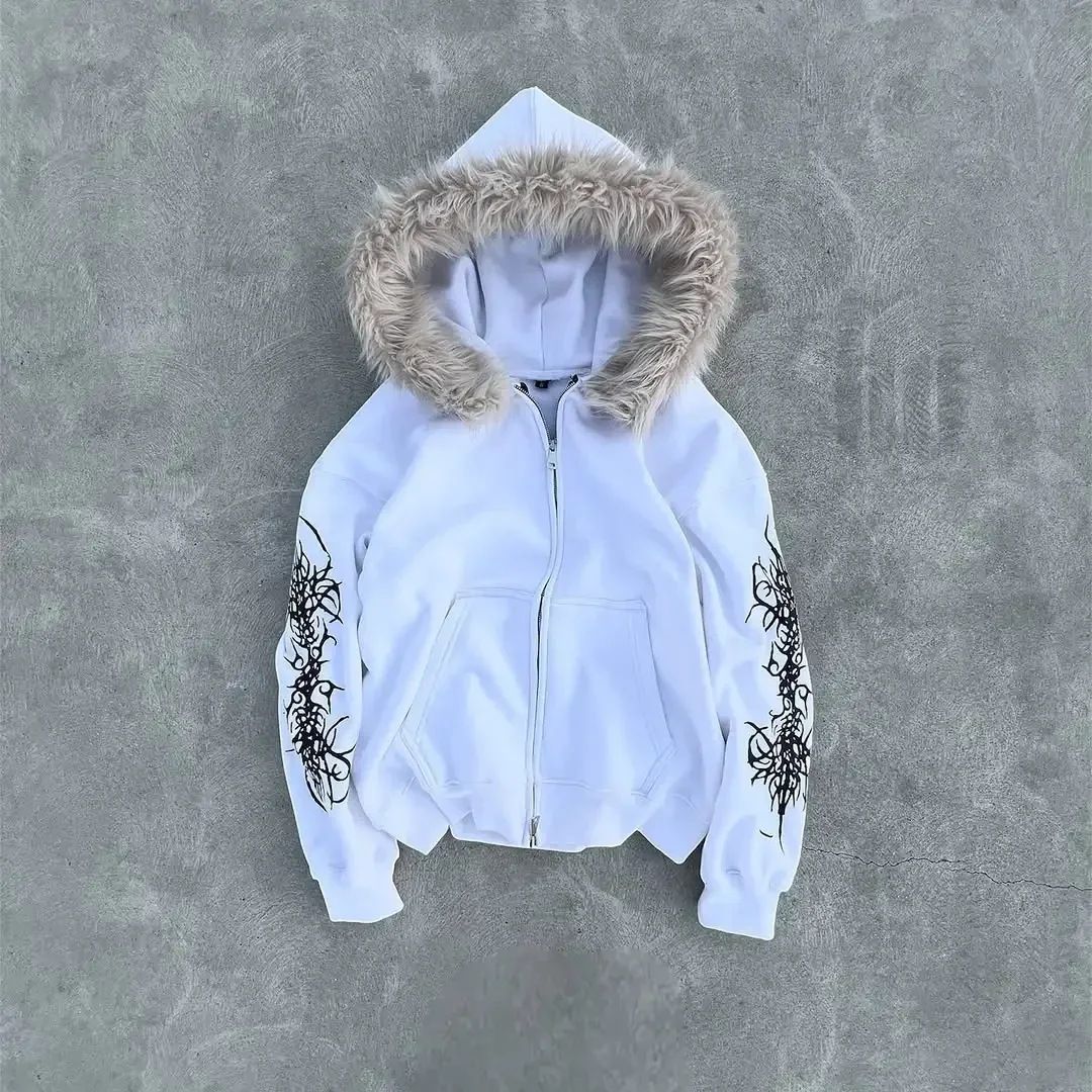 Edgy Print Hooded Cardigan – Oversized Zip-Up Streetwear (Black/White, S-XXXL)_viptrois.com