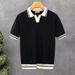 Men's Clothing Summer New Short Sleeved Contrast Color V Neck T Shirt Lapel Slim Fit Polo Shirt Knitted Textured T Shirt_viptrois.com