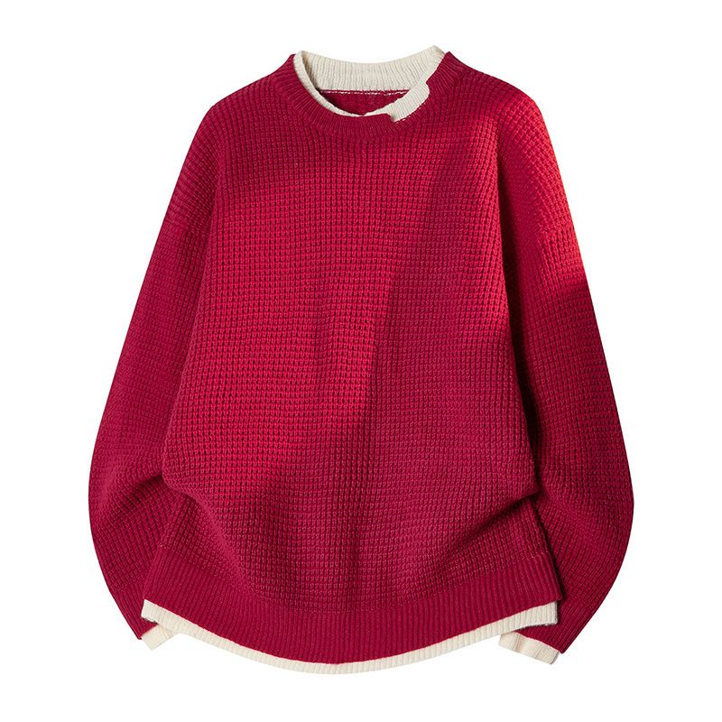 Jianheng Men's Long Sleeve Sweater Waffle Print Two Piece Set Color Blocking Soft Comfortable Fabric Street Style Slim Fit_viptrois.com