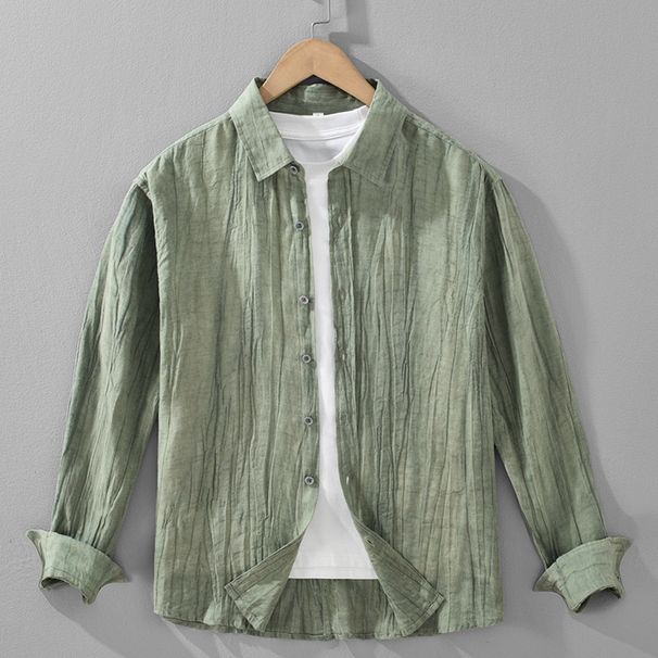 Retro Wrinkled Linen Long Sleeved Shirt For Men, Youth, Loose, Breathable, Thin, Personalized, Lessel_viptrois.com