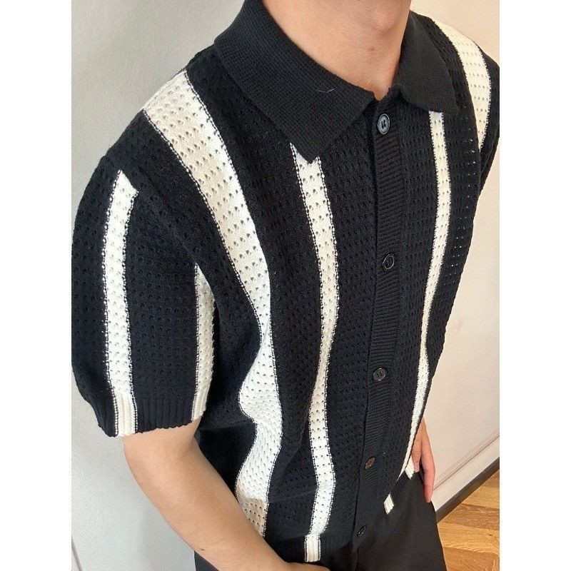 Men's Clothing Retro Hollow Vertical Striped Lapel Sweater Knitted Short Sleeve T Shirt_viptrois.com