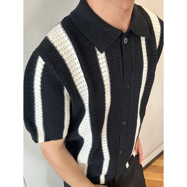 Men's Clothing Retro Hollow Vertical Striped Lapel Sweater Knitted Short Sleeve T Shirt_viptrois.com
