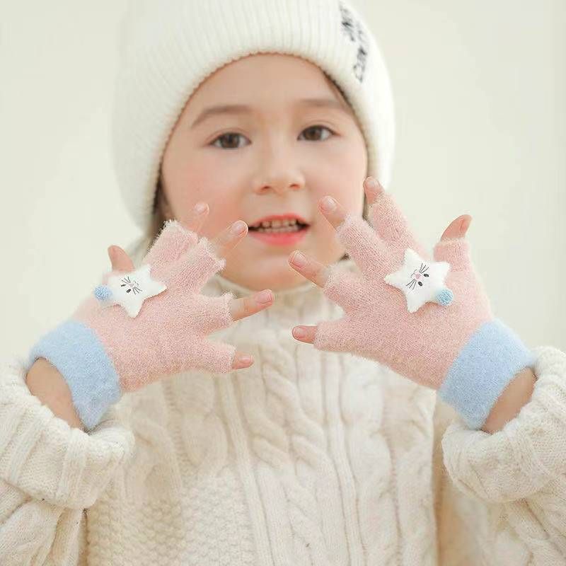 Kids' gloves Children's autumn and winter warm gloves schoolgirl half-finger writing cartoon cold-proof gloves_viptrois.com