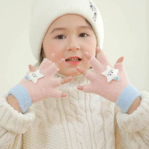 Kids' gloves Children's autumn and winter warm gloves schoolgirl half-finger writing cartoon cold-proof gloves_viptrois.com