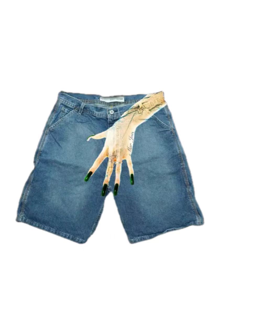 Men's Clothing Fashion Hip Hop Funny Pattern Printed High Street Wide Leg Denim Shorts_viptrois.com