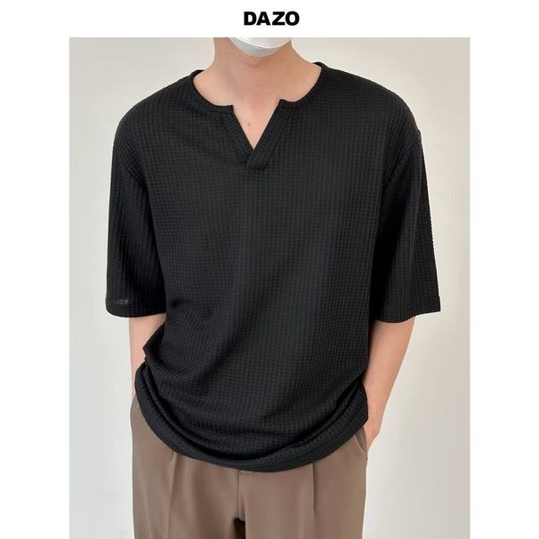 Pit Striped Short-sleeved T-shirt Men's Design Sense V-neck White Loose Half-sleeved Top Korean Version Of Trend Niche_viptrois.com
