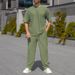 "Men's Waffle Knit Short Sleeve Set – Breathable Loose Fit Crew Neck T-Shirt & Casual Pants (Black/Grey/Khaki/Green, Sizes S-XXXL)"_viptrois.com