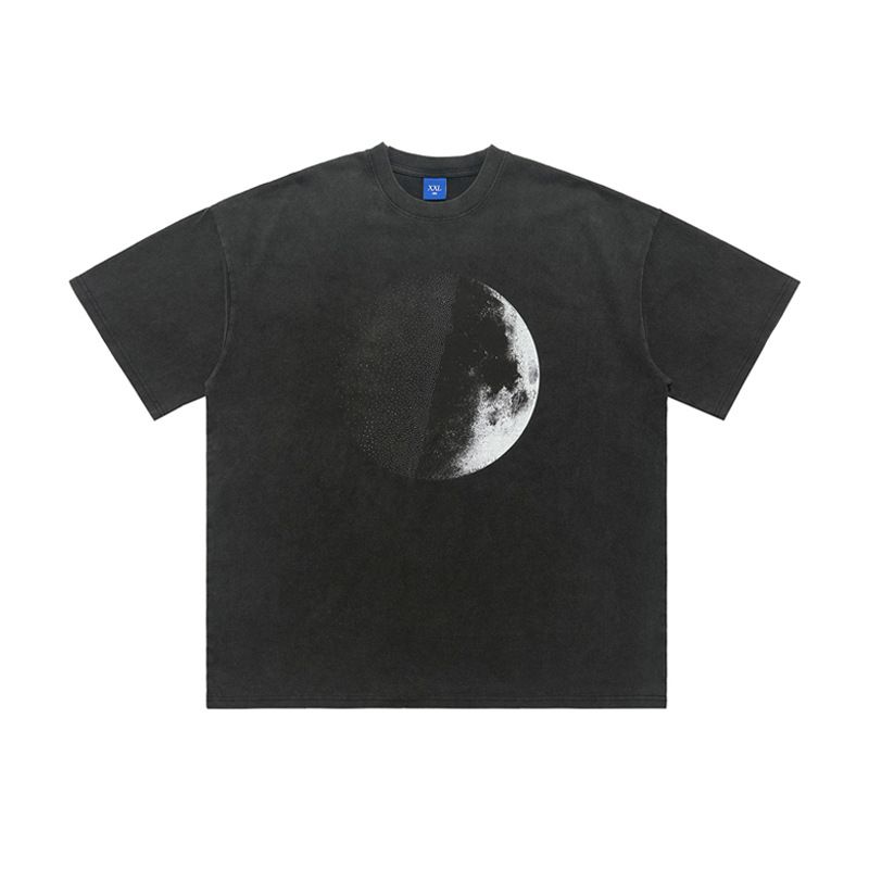 Autumn Winter American Style Rhinestone Half Moon Short Sleeve T-Shirt Unisex Couple Loose Base Shirt_viptrois.com