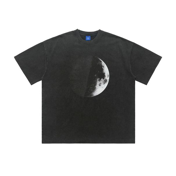 Autumn Winter American Style Rhinestone Half Moon Short Sleeve T-Shirt Unisex Couple Loose Base Shirt_viptrois.com