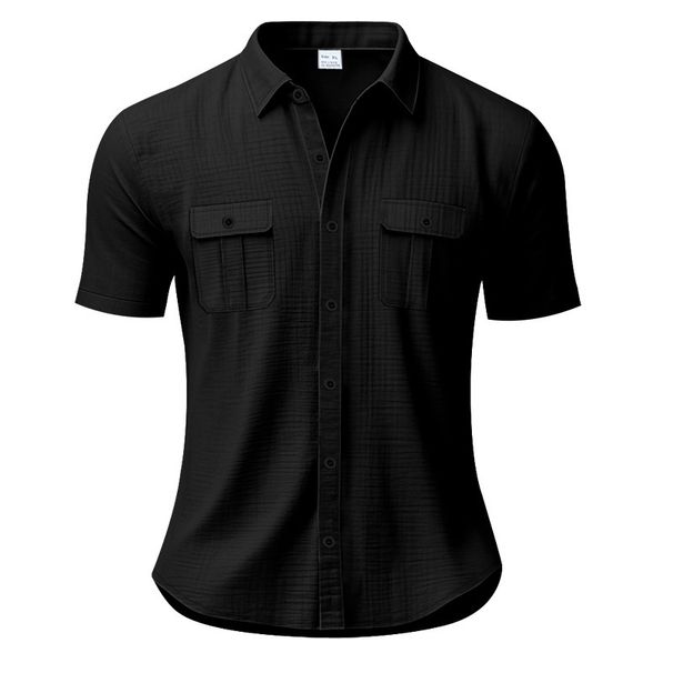 Men's Clothing Short Sleeved Shirt Solid Color Patch Pocket Cardigan Loose Lapel Linen Shirt_viptrois.com