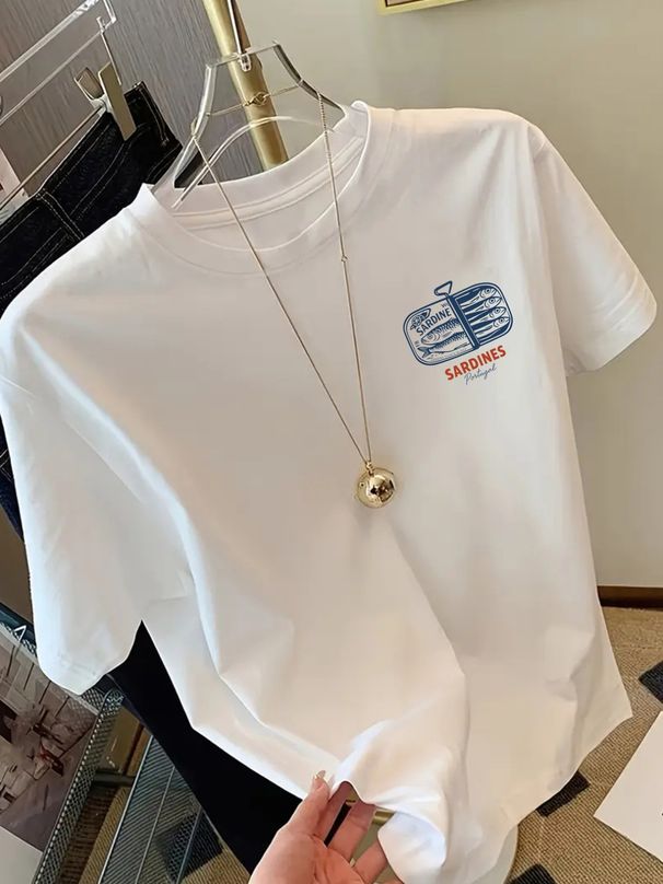 Maglietta Donna 180g Cotone Puro Girocollo Stampa Sardine Portoghesi Traspirante Primavera Estate Taglio Regolare Casual_viptrois.com