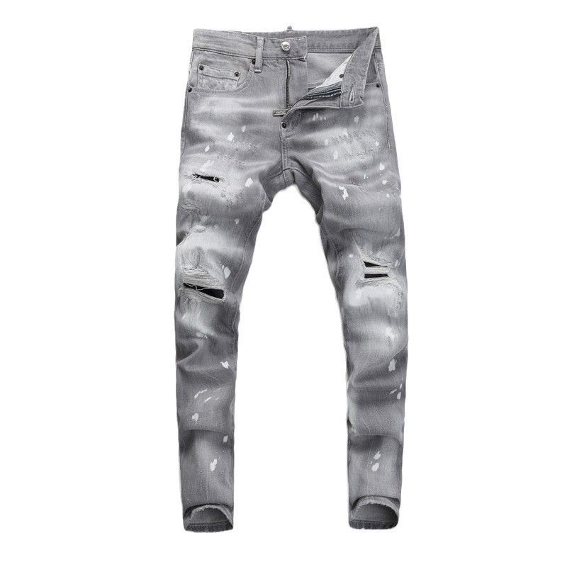 Men's Clothing Street Fashion Jeans Men's Light Gray Washed Hole Patch Paint Trendy Brand Elastic Tight Skinny Pants Men_viptrois.com