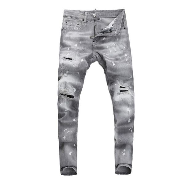 Men's Clothing Street Fashion Jeans Men's Light Gray Washed Hole Patch Paint Trendy Brand Elastic Tight Skinny Pants Men_viptrois.com