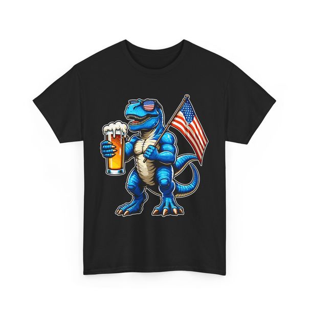 Beer Drinking T-Shirt Mens Womens Tees Top | Funny Beer T-Shirt Mens Womens Tees Top T-REX Dinosaur Holding Flag_viptrois.com
