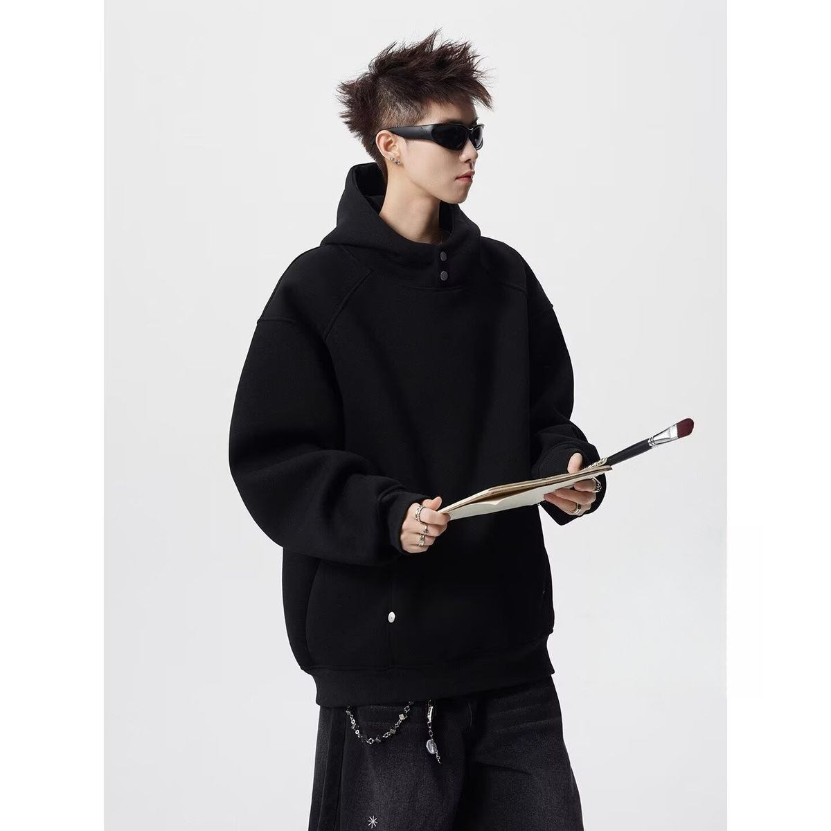 New Solid Color Button Design Hooded Sweatshirt With Casual Temperament, Fashionable And Versatile Loose Top_viptrois.com
