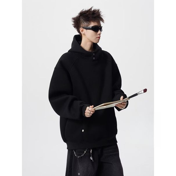 New Solid Color Button Design Hooded Sweatshirt With Casual Temperament, Fashionable And Versatile Loose Top_viptrois.com