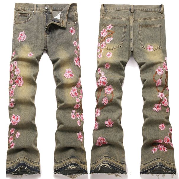2025 New Foreign Trade Style Washed Retro Embroidery Stretch High Street Slim Mid-Waist Men's Flared Jeans_viptrois.com