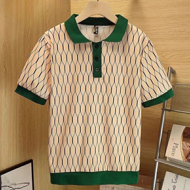 Men's Clothing Store 268! Contrast Color Plaid High End Knitted Short Sleeved T Shirt Men's Summer Style Fashion Youth Versatile Tops_viptrois.com