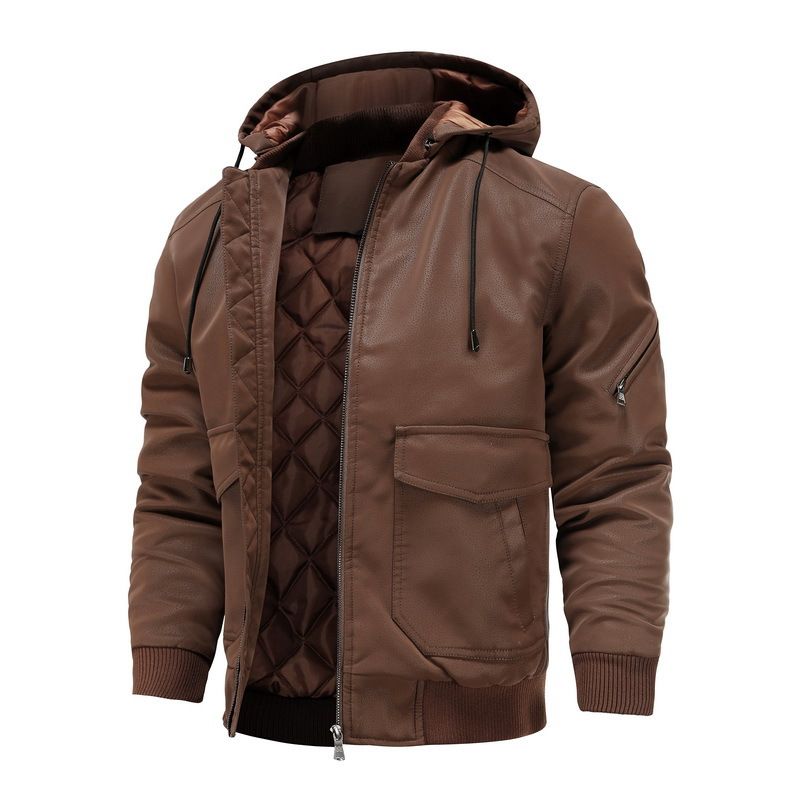 Men’s Winter Bomber Jacket – Thickened PU Leather Motorcycle Coat (S-4XL, Black/Dark Brown, Windproof & Water-Resistant)_viptrois.com